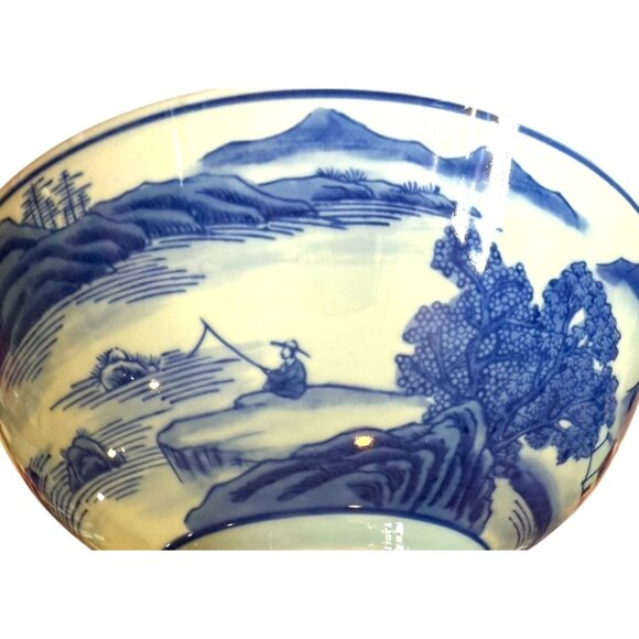 Vintage Chinese Blue/White Porcelain Bowl Mountains Water Home Fisherman - Picture 7 of 9